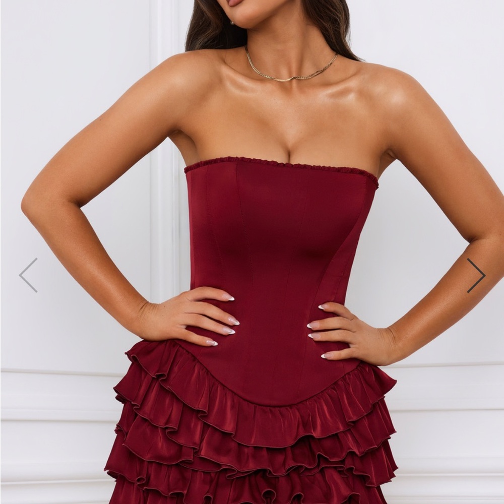Bandeau Ruffled Tiered Corset Mini Dress in Berry Red